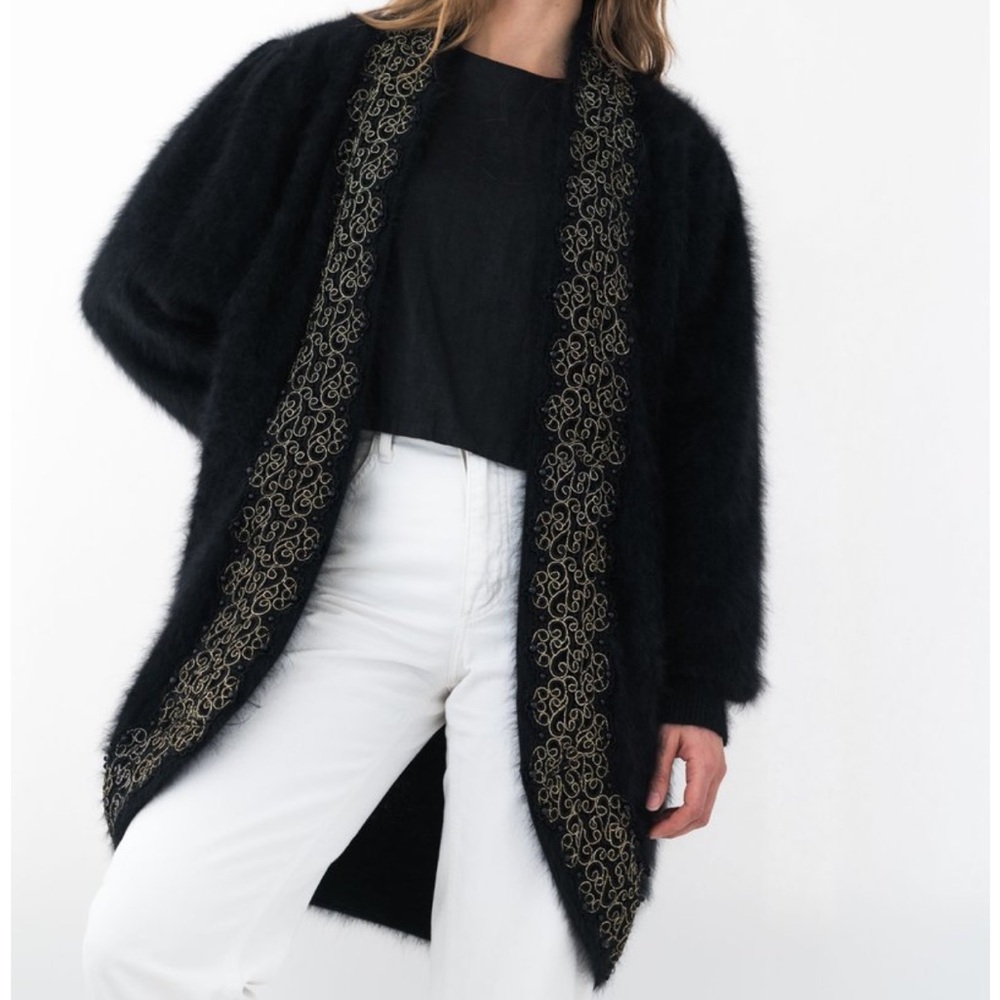 Vintage Rosa Turk Young Co Angora Fur Shaggy Mohair Bead Lace Cardigan Pockets